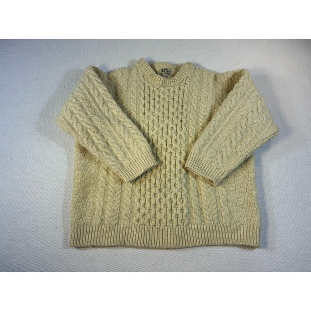 L.L. Bean Fisherman Sweater XXL Women's Cream Wool Cable Knit Made in Ireland